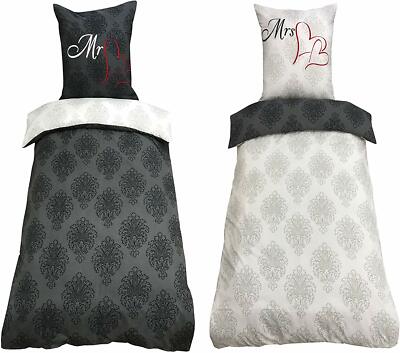 4 teilige Partner Bettwäsche 135x200 cm / 155x220 cm Mr. & Mrs. Microfaser Set