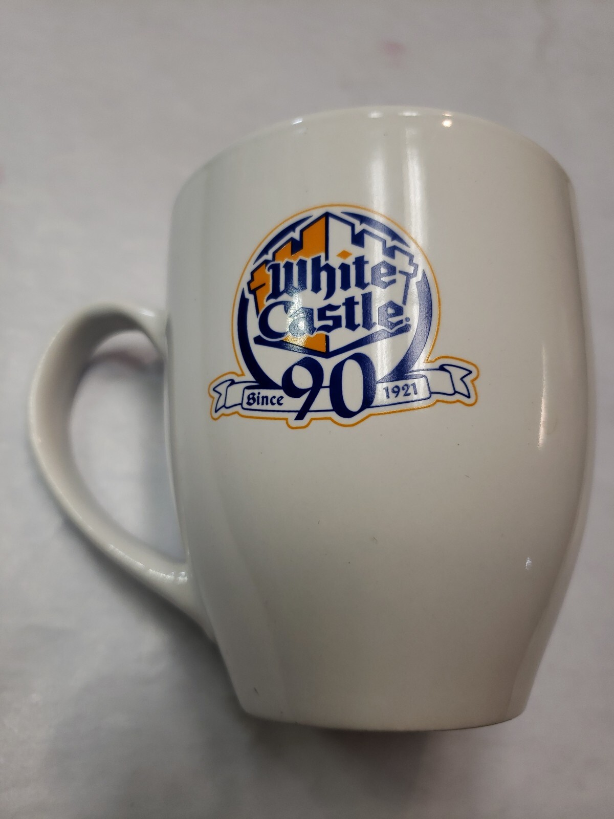 Vintage White Castle Coffee Mug Cup Blue yellow logo 90 year