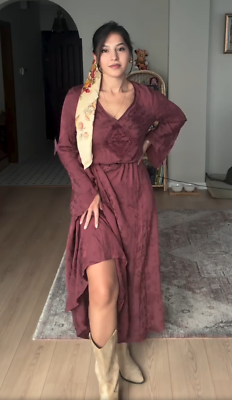 zara burgundy embroidered dress Zara Embroidered Jacquard Dress ZW Collection Burgundy Size XS S M 7521/270  New