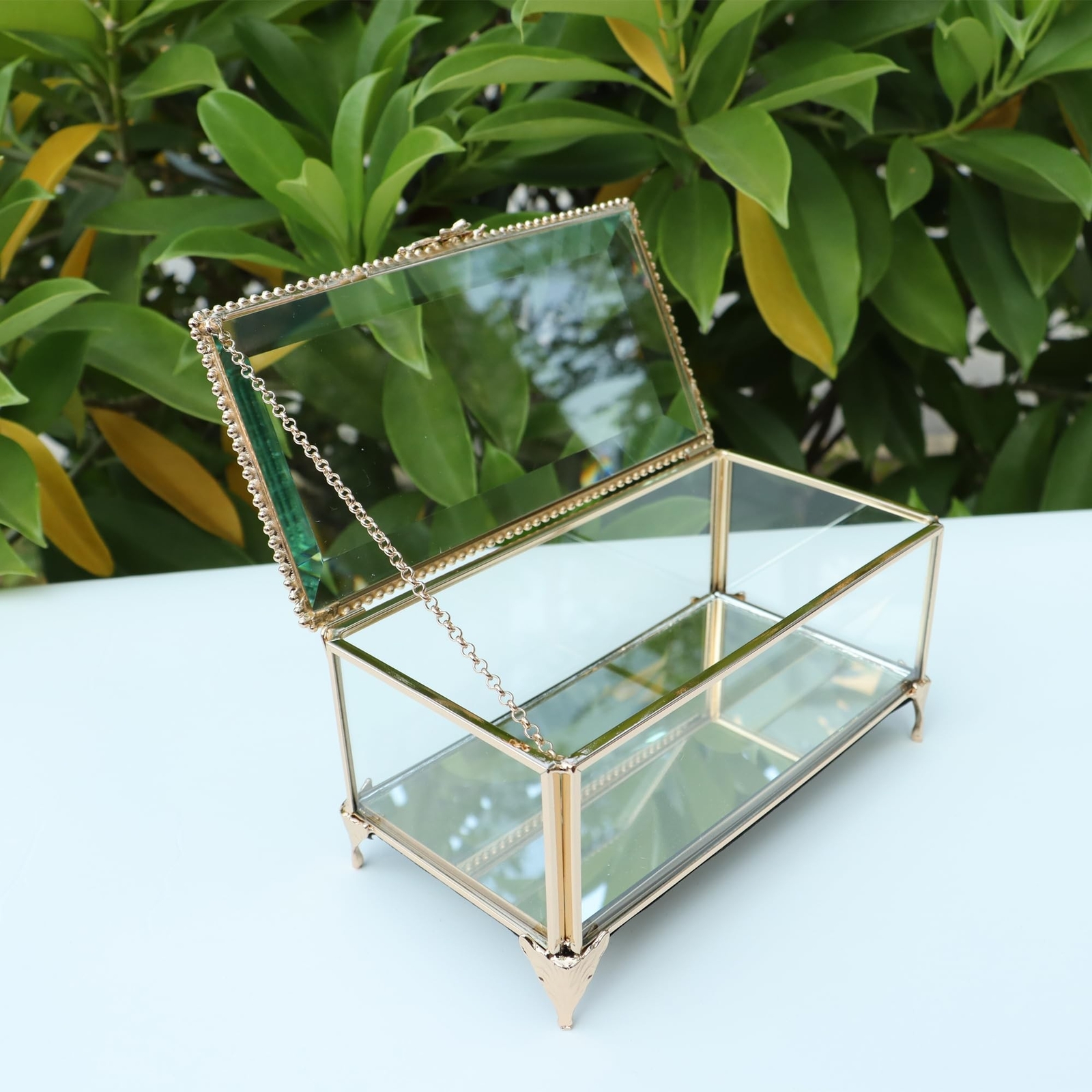 Vintage rectangular glass jewelry box with hinged lid 6.5x3.5x3.3 inches