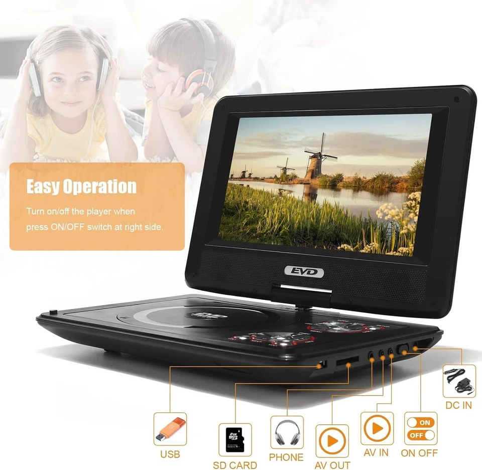 9.5 Reproductor De DVD CD Portátil Pantalla Giratoria Recargable Para Carro Auto Foto 3 de 4