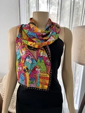 Colorful Cat Silk Scarf Art To Wear Fanciful Felines Cat Lover 11x51”