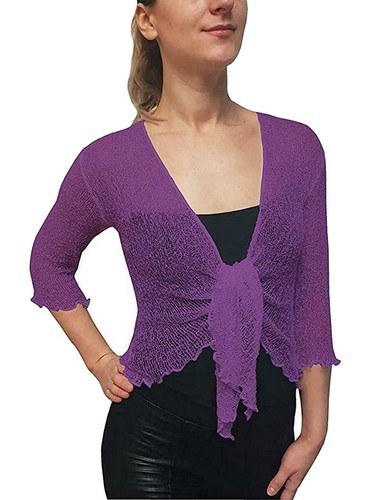 Women Bolero Knitted Tie Up Open Front Shrug Ladies 3/4 Sleeve Cardigan Top 8-14 - Picture 31 of 39