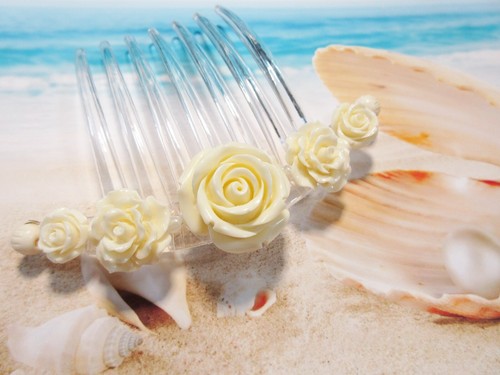 Wedding THICK hair comb with Ivory Color 3D Roses Semi Precious Carved Flowers - Picture 5 of 10
