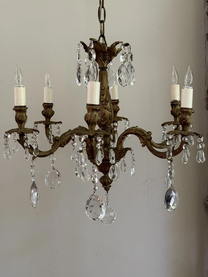 Antigua araña francesa de cristal de bronce Art Nouveau victoriana rococó Foto 2 de 4