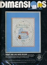 Dimensions HEARTS AND LACE BIRTH RECORD 1985 Counted Cross Stitch Craft Kit 