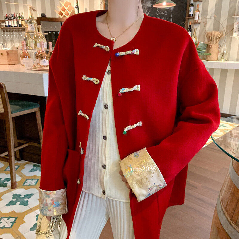 Retro Chinese Style Wool Double Sided Womens Short Trench Coat