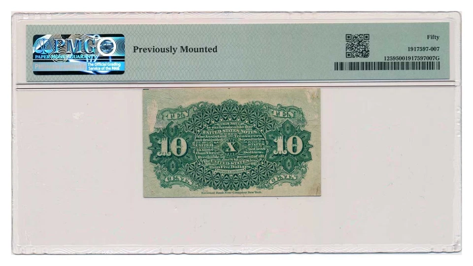 UNITED STATES banknote 10 Cents 1869 PMG grade AU 50 About Uncirculated - Image 2 of 4