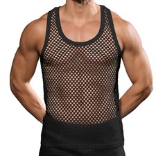 Mens Mesh Fishnet Tank Tops Fitted Sleeveless Night Club Style Muscle Top Sum...