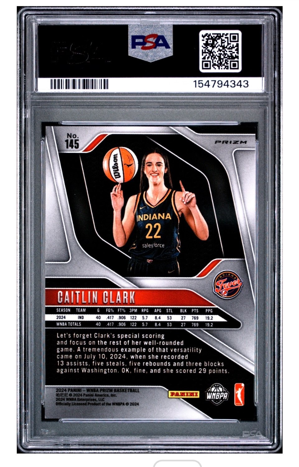CAITLIN CLARK 2024-25 PANINI PRIZM WNBA SILVER ROOKIE RC #145 FEVER PSA 10 Q5939 view 2