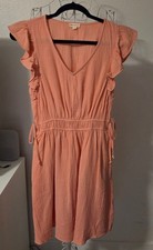 Hem & Thread Peach Cotton Casual Dress with Ruffle Sleeves - Size Small