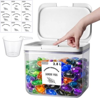 Wäsche Pods Vorratsbehälter 2,8L Klar Pop Up Deckel Box mit Schaufel & 8 Aufklebern