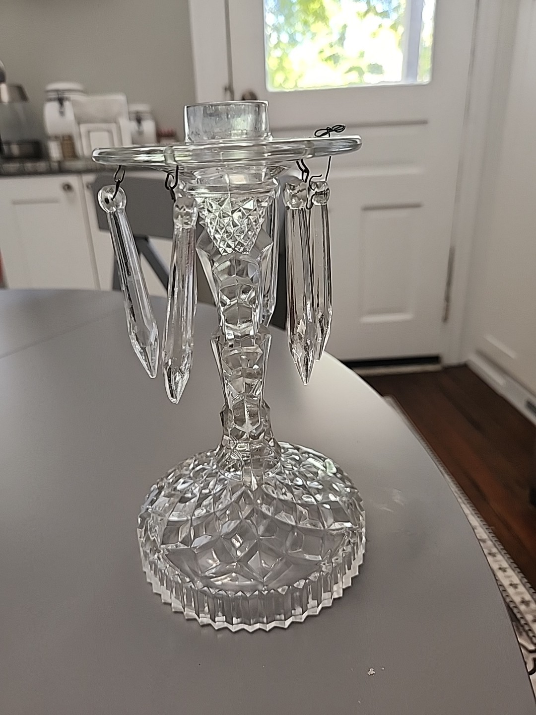 Vintage Single 174 Indiana Glass 8" Candlestick w/Attached Bobeche & 6 Prisms