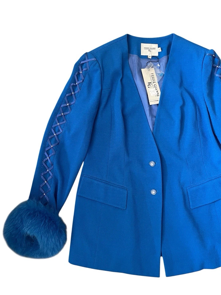 Blazer vintage de piel sintética con cordones de cinta azul Ferre Gianni 16 Deadstock para mujer Foto 2 de 4