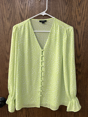 Alfani Women's Size Small Yellow Green Button Down V-Neck Long Sleeve Blouse