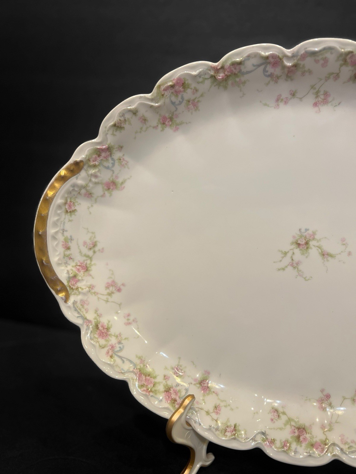 1905 Circa Theodore Haviland Limoges Oval Platter Pink Roses Gold Gilt 16.5x11"