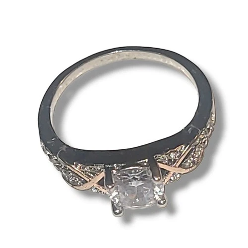 Silver Tone CZ Cocktail Ring Gold Accent Engagement Style Size 7.5