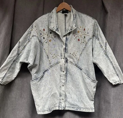 Vtg 80s bejeweled jean jacket acid Wash women’s medium Bedazzled Embellished - Image 1 of 4