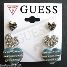 NEW-SET OF 3 GUESS SILVER TONE-HEART EARRINGS+CRYSTALS+TURQUOISE STRIPE-STUDS