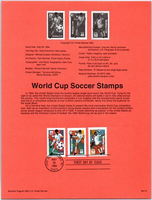 USPS SOUVENIR PAGE WORLD CUP SOCCER HOSTED BY UNITED STATES (3 DIFFERENT) 1994