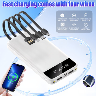 Portable Power Bank 10000mAh Fast Charging Battery PD LCD with 4 Built in Cables