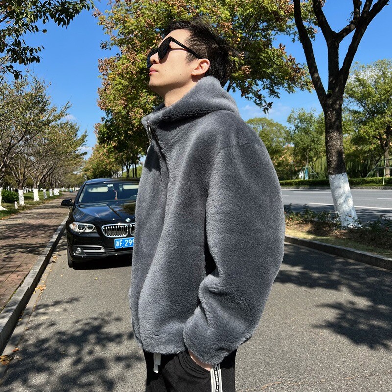 Jacket Men Fur Coat Hooded Fur One-piece Shearling Zipper Business