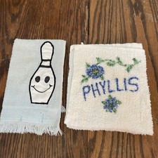 Vintage Bowling Towels Lot Of 2 Blue And White Bowling Pin And Phyllis