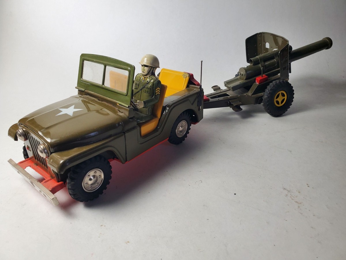 Vintage Tin SSS 1950's Army Jeep w/ Cannon Trailer Japan