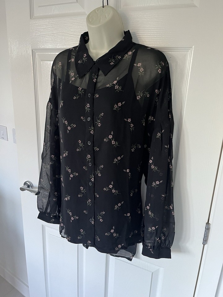 Ladies CAPSULE Black Floral Sheer Long Sleeve Blouse With Cami Size 24