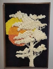 Vtg 60s Needlepunch Latch hook Rug Wall Art Japanese Sunset 37x25" Framed