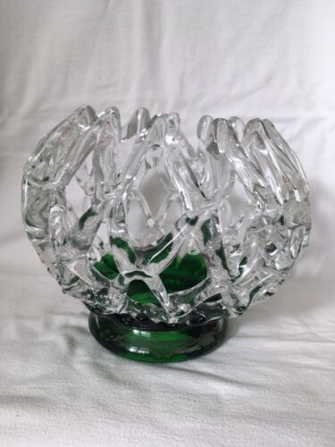 Superbe bol à fruits en verre d'art vert émeraude avec treillis appliqué verre transparent - Photo 1/12