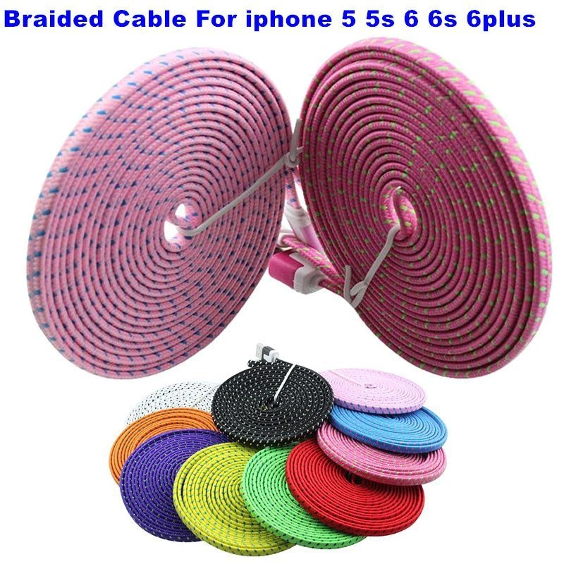10FT LONG Flat Braided Fabric data USB Charger Cable for IPHONE X 8 7 6 PLUS 5S - Image 3 of 4
