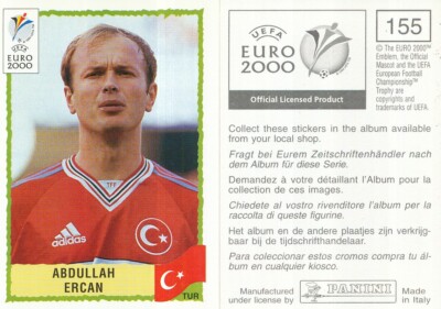 155 ABDULLAH ERCAN # TURKEY TURKIYE BLACK BACK STICKER PANINI UEFA EURO 2000