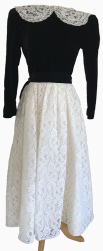 Vintage 80’S Velvet Lace Dress, Lace Sailor Collar, Connections, 18 Midi Longsle