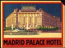 1930s Madrid Palace Hotel Exterior View Souvenir Luggage Label
