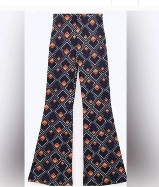 New Zara High Rise Flare Pants Geometric Graphic Mod Print Navy Orange  Small