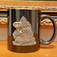 Vintage E.T. 'Universal Studios' Black Coffee Cup, Gold Rim w/ Pewter E.T. Logo