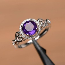 Adorable Halo 1.3Ct Amethyst Round Cut CZ Wedding Engagement Ring In 925 Silver