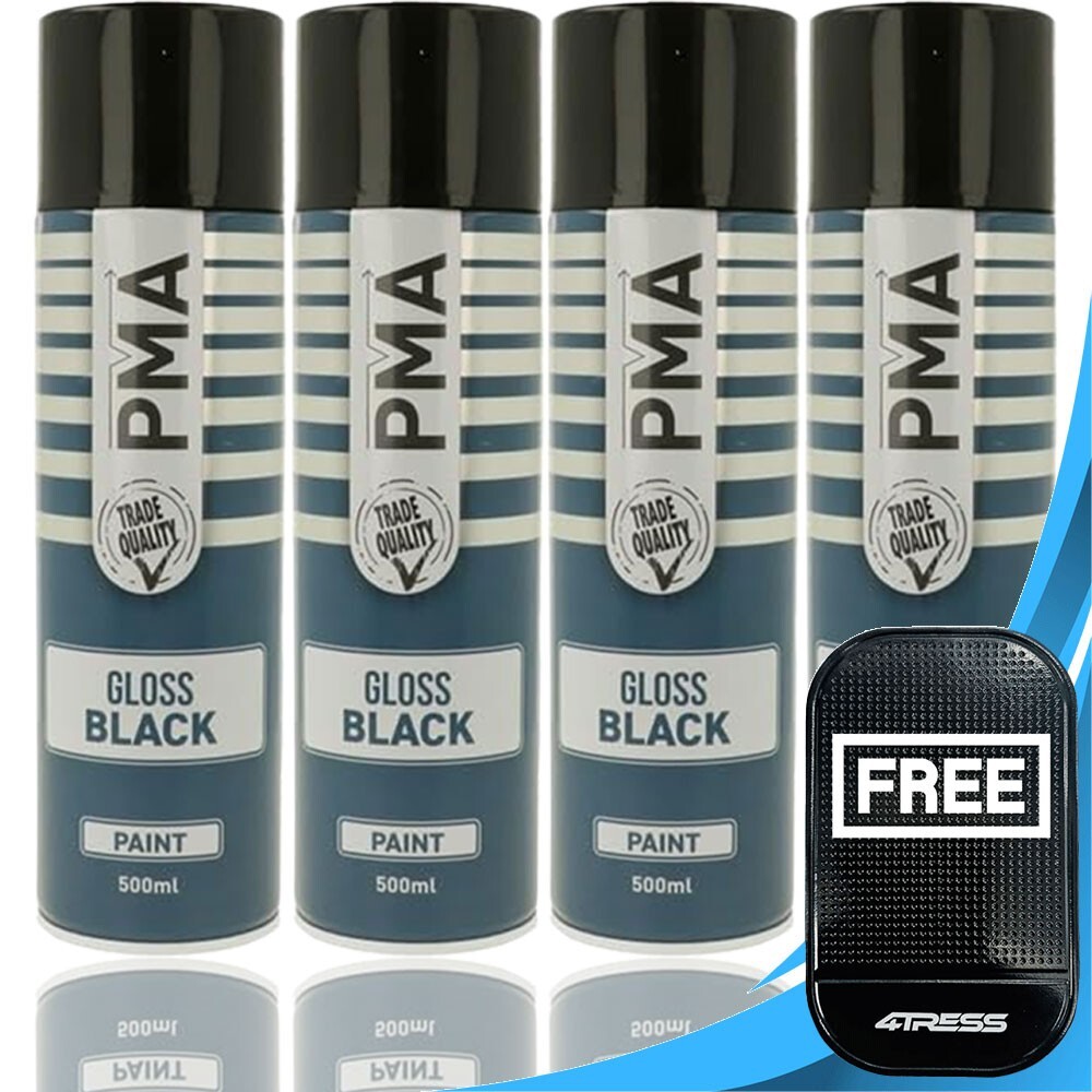 4 x PMA Gloss Black Spray Paint Fast-Drying Professional Cans 500ml PCPA1003+M