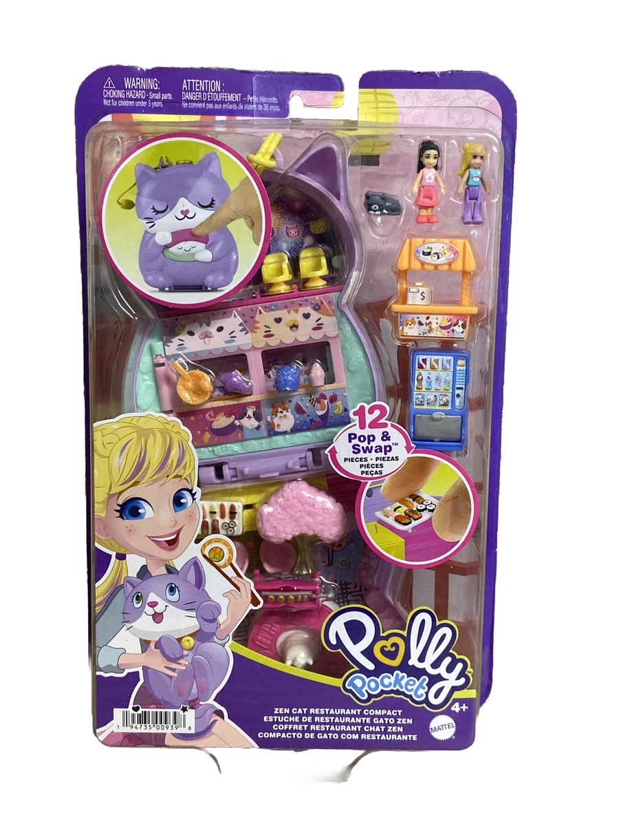 Polly Pocket Zen Cat Restaurant, Japanese Sushi Playset 2 Micro Dolls