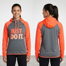 Nike Women's Therma-Fit Hoodie Medium Gray Neon Orange Just Do It Pullover