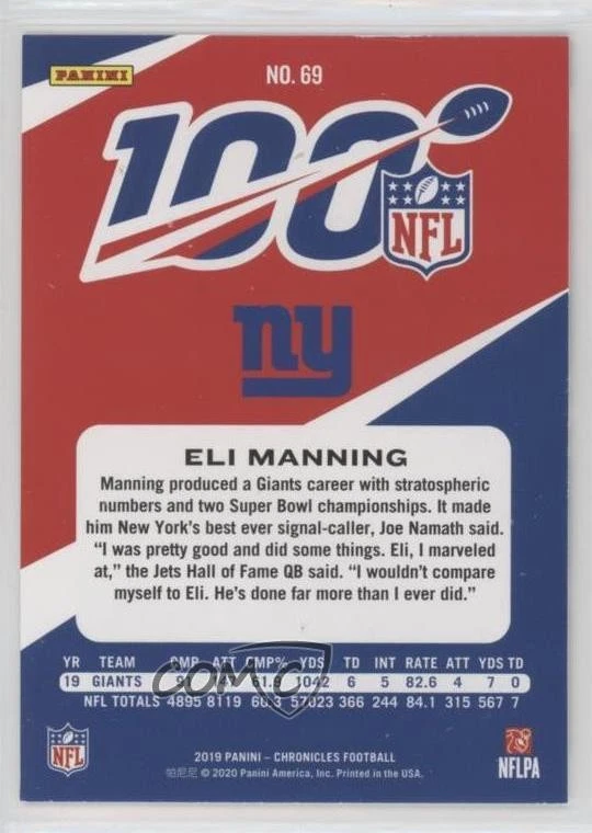 2019 Panini Chronicles NFL 100 Eli Manning #69 - Image 2 of 2