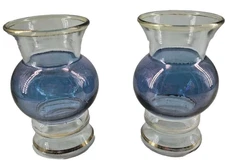 2 Bartlett Collins Small Glass Bud Vase Iridescent Blue and Clear 4" Tall