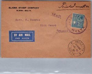 1931 Valleta Malta Printed Matter Airmail FFC First Flight Cover to Tripoli