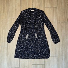 Michael Kors Star Print Dress Black Blue Long Sleeve Scarf Tie Neck M? 18.5” Pit