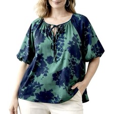 Nine West XL Turquoise Blue Navy Blouse Tie Neck Slight Puff Sleeve Silky Feel