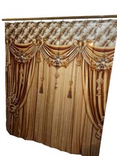 Luxury Gold Brown Cloth Shower Curtain w/ White Hooks Faux Drapery Tassel 70x70