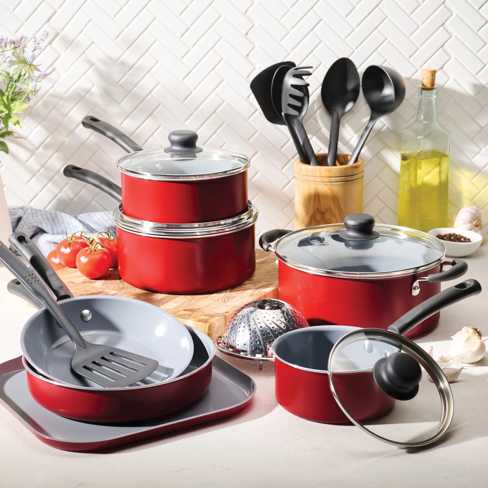Primaware 18 Piece CERAMIC Cookware Set Red