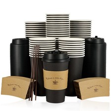 LITOPAK 100 Pack 16 oz Paper Coffee Cups with Lids, 16oz-100, Black-16oz