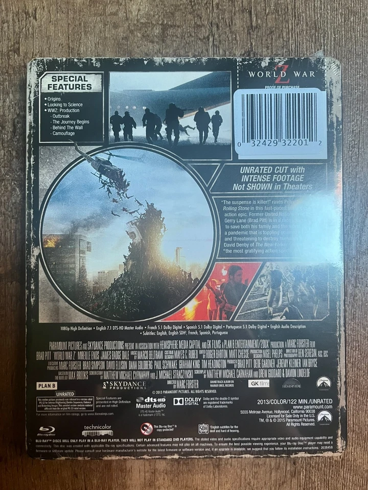 World War Z - Unrated Ed. w. Embossed Steelbook (Blu-ray, 2013, Region Free) NEW - Image 2 of 4